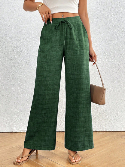 Calvaya Pantalones de pierna ancha de unicolor y talle bajo con bolsillos para mujer, uso diario casual y de vacaciones