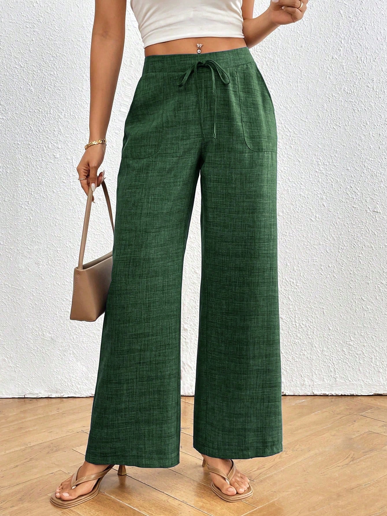 Calvaya Pantalones de pierna ancha de unicolor y talle bajo con bolsillos para mujer, uso diario casual y de vacaciones