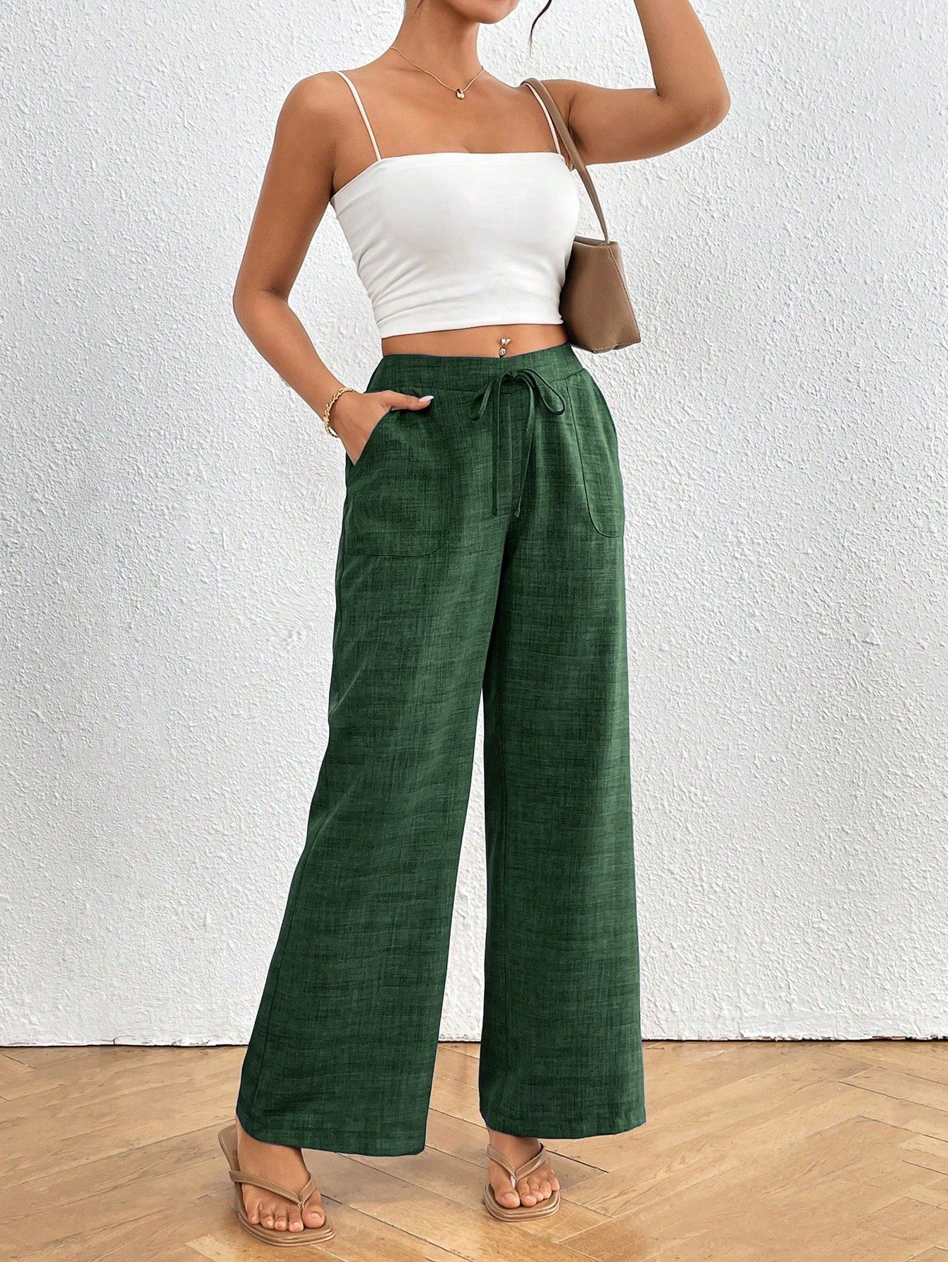 Calvaya Pantalones de pierna ancha de unicolor y talle bajo con bolsillos para mujer, uso diario casual y de vacaciones