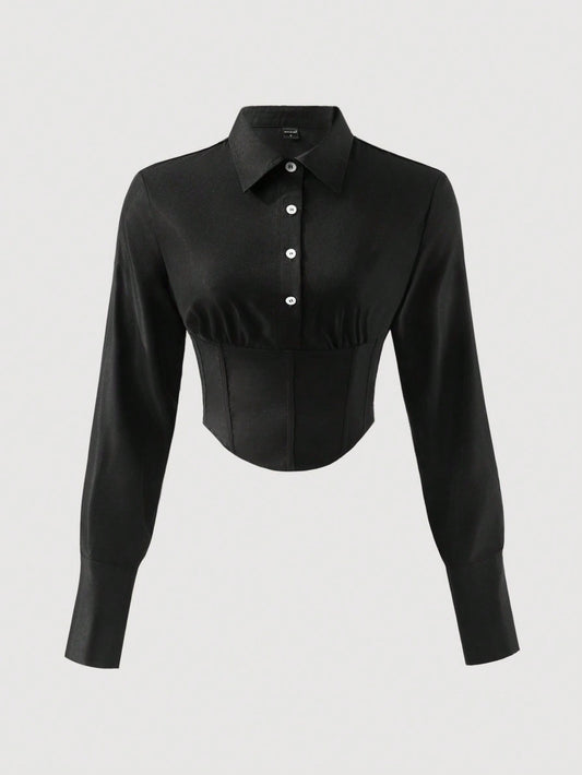 Camiseta ajustada para mujer Amore, Camiseta de manga larga elegante y casual para mujer, Blusa de botones con dobladillo curvo de unicolor