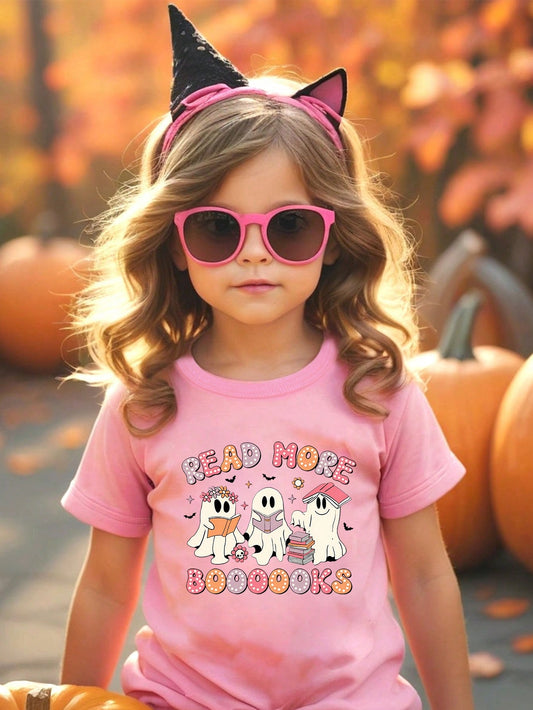Camiseta casual cómoda de manga corta con estampado de letras y fantasmas para niña joven en verano
