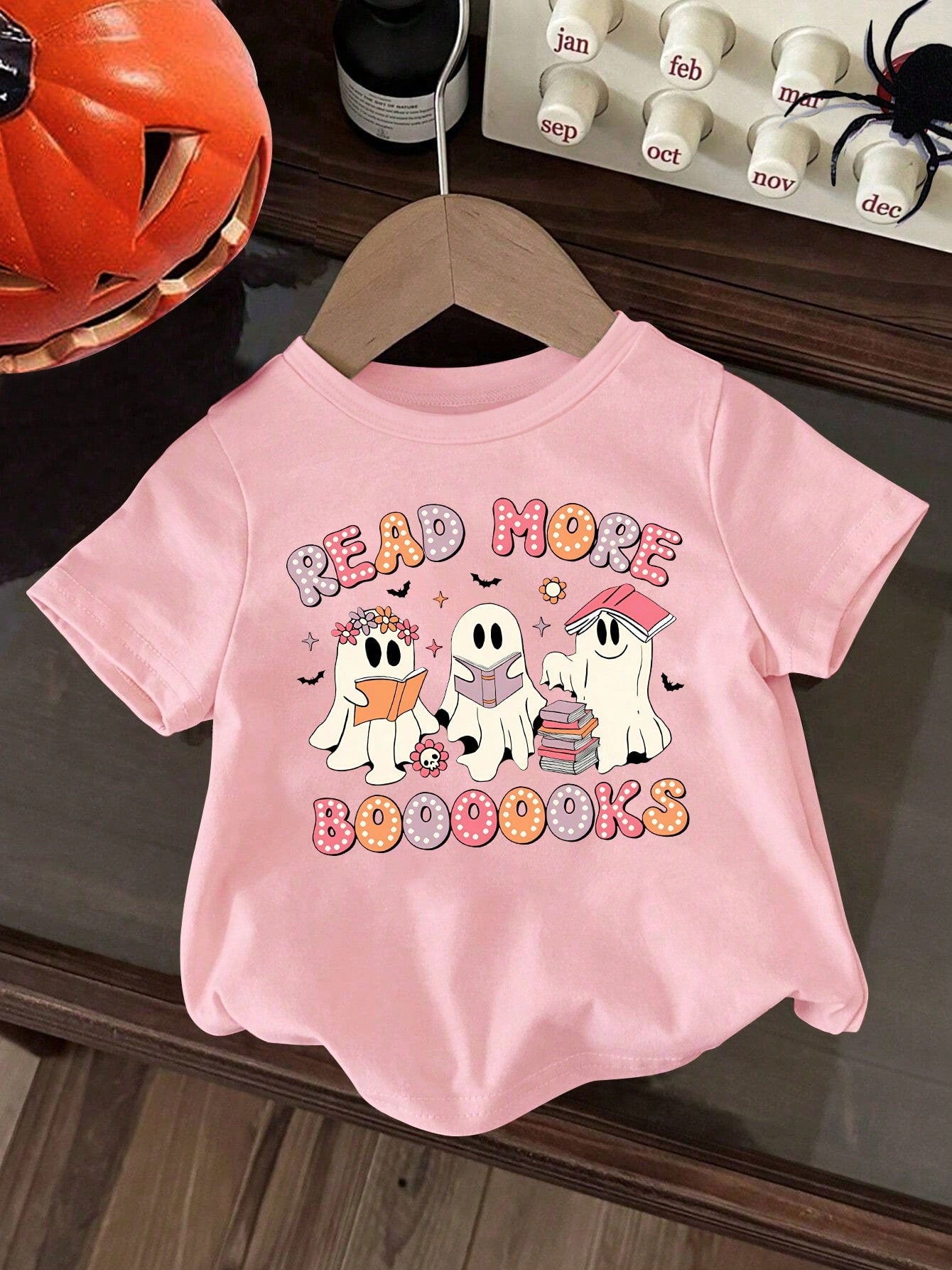 Camiseta casual cómoda de manga corta con estampado de letras y fantasmas para niña joven en verano