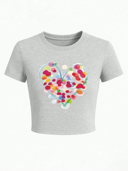 Camiseta de cuello redondo corta con estampado de círculos y corazones de colores, adecuada para uso casual, al aire libre, vacaciones, todas las estaciones