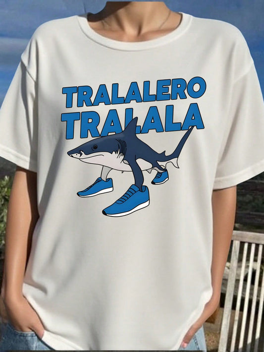 Camiseta de mujer con estampado divertido de tiburón y letras, diseño con tema oceánico, cómoda camisa casual de cuello redondo y manga corta para primavera/verano
