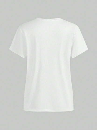 Camiseta de mujer con estampado divertido de tiburón y letras, diseño con tema oceánico, cómoda camisa casual de cuello redondo y manga corta para primavera/verano