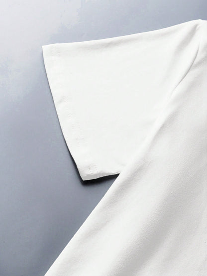 Camiseta de mujer con estampado divertido de tiburón y letras, diseño con tema oceánico, cómoda camisa casual de cuello redondo y manga corta para primavera/verano