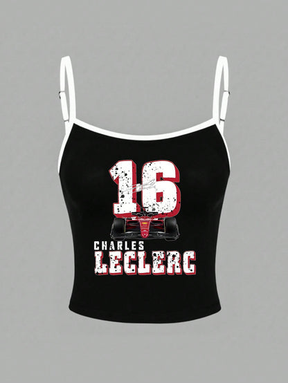 Camiseta inspirada en Leclerc, camiseta de cuello redondo de manga corta con gráfico y camisola de contraste para mujer, casual y cómoda, regalo para entusiastas del motosport