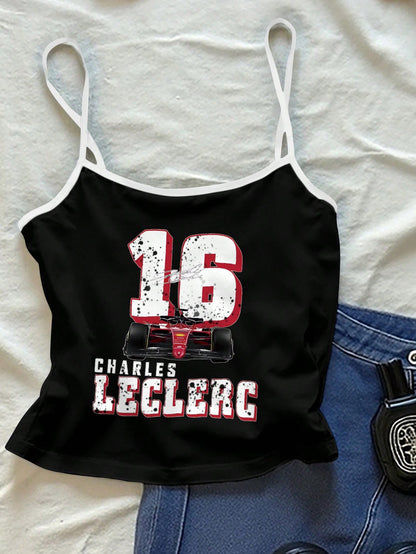 Camiseta inspirada en Leclerc, camiseta de cuello redondo de manga corta con gráfico y camisola de contraste para mujer, casual y cómoda, regalo para entusiastas del motosport