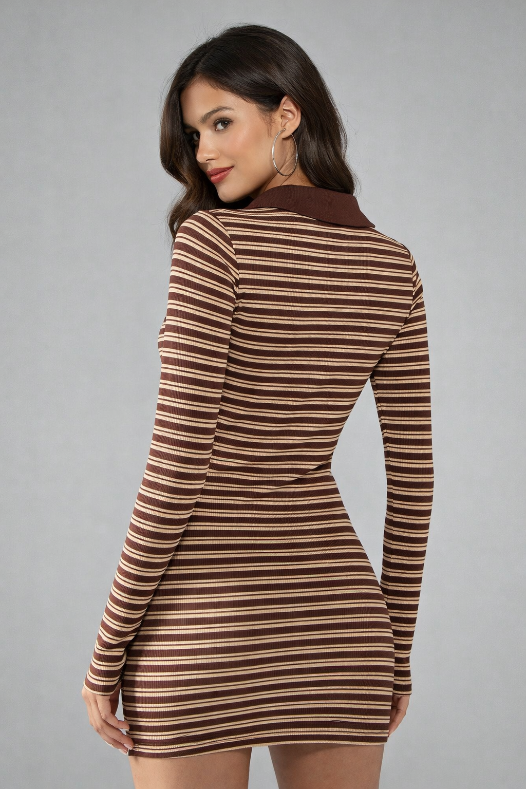 MISSGUIDED Vestido mini ajustado de manga larga acanalado con cuello, estampado de rayas vintage retro Y2K, para fiestas, club, otoño, invierno y primavera