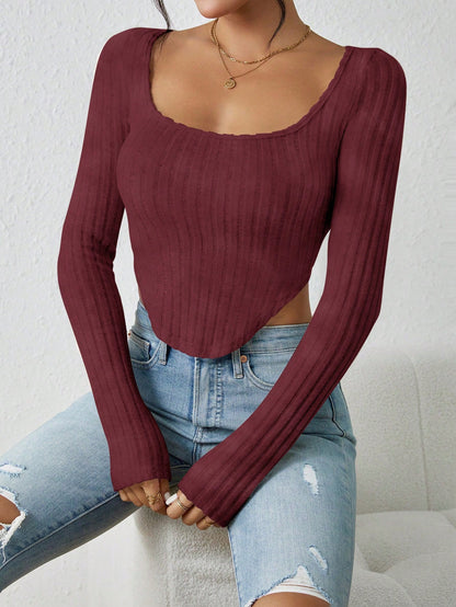 Chiquease Camiseta casual de manga larga con cuello cuadrado y bajo asimétrico, de unicolor, para otoño