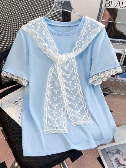 Chiquease Camiseta casual de verano para mujer con bloque de color y parches de encaje