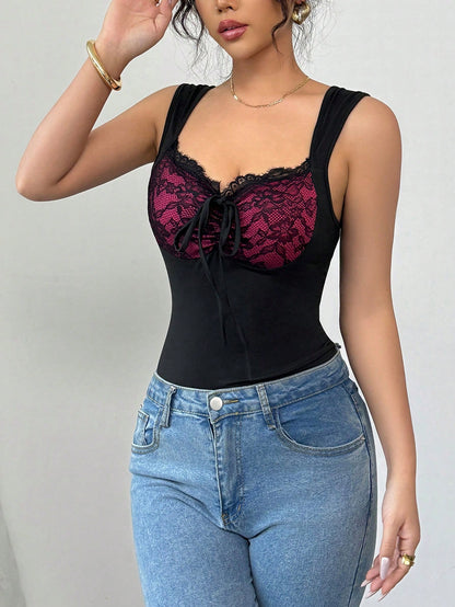 Chiquease Elegante camisola con encaje, aros y detalle de moño para mujeres, ideal para primavera/verano