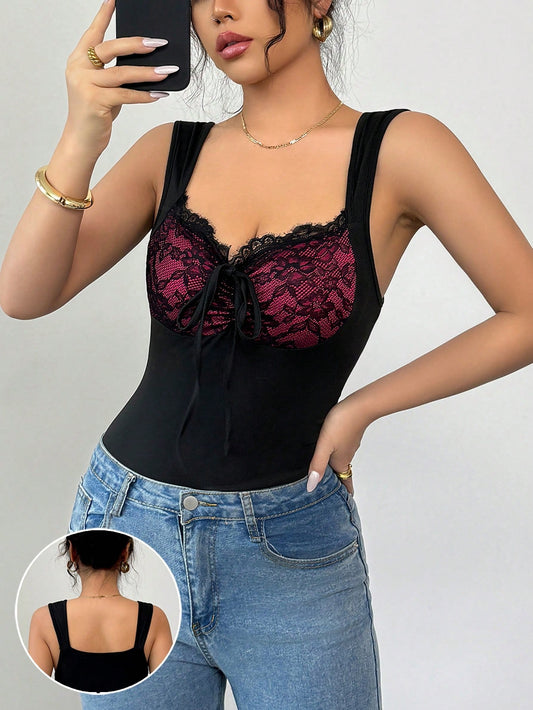 Chiquease Elegante camisola con encaje, aros y detalle de moño para mujeres, ideal para primavera/verano