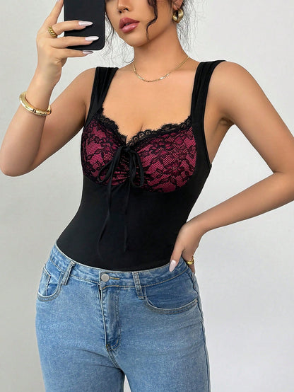 Chiquease Elegante camisola con encaje, aros y detalle de moño para mujeres, ideal para primavera/verano