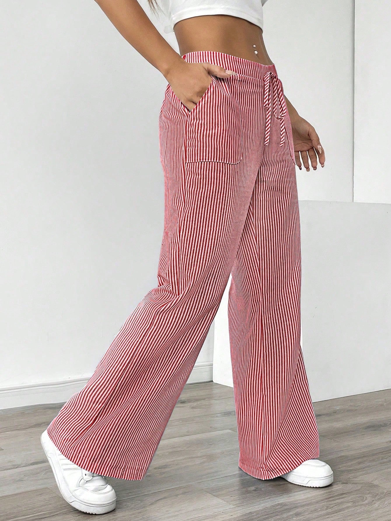 Chiquease Pantalones anchos de talle bajo a rayas azules y blancas para mujer, informales y apropiados para vestir en vacaciones y Año Nuevo