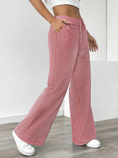 Chiquease Pantalones anchos de talle bajo a rayas azules y blancas para mujer, informales y apropiados para vestir en vacaciones y Año Nuevo