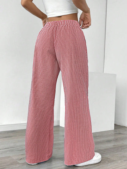 Chiquease Pantalones anchos de talle bajo a rayas azules y blancas para mujer, informales y apropiados para vestir en vacaciones y Año Nuevo