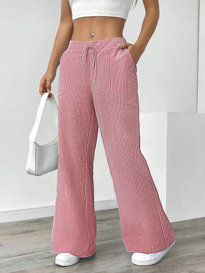 Chiquease Pantalones anchos de talle bajo a rayas azules y blancas para mujer, informales y apropiados para vestir en vacaciones y Año Nuevo