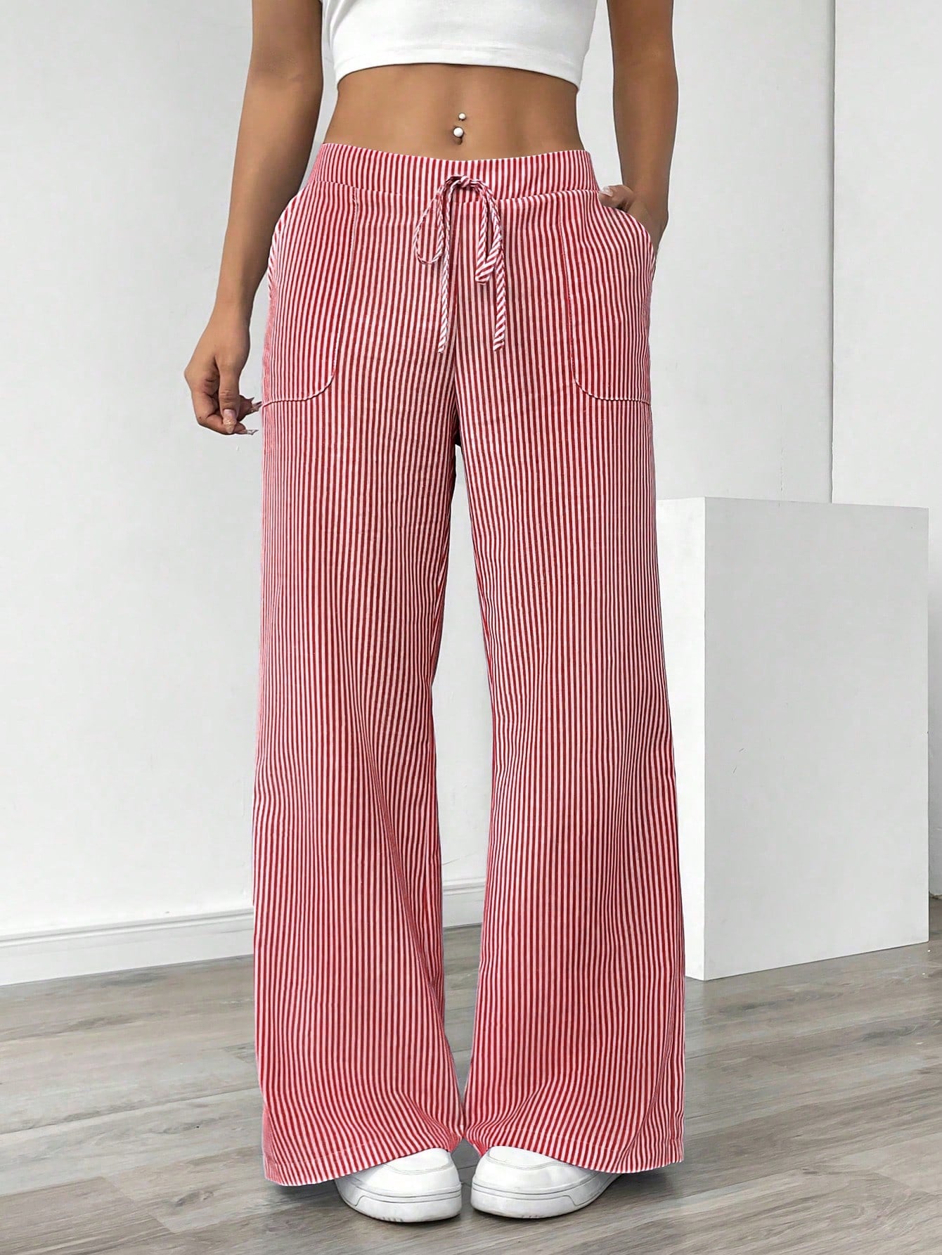 Chiquease Pantalones anchos de talle bajo a rayas azules y blancas para mujer, informales y apropiados para vestir en vacaciones y Año Nuevo