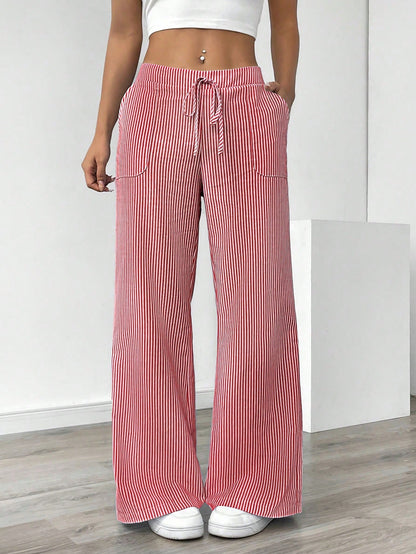Chiquease Pantalones anchos de talle bajo a rayas azules y blancas para mujer, informales y apropiados para vestir en vacaciones y Año Nuevo