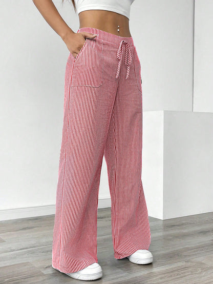 Chiquease Pantalones anchos de talle bajo a rayas azules y blancas para mujer, informales y apropiados para vestir en vacaciones y Año Nuevo