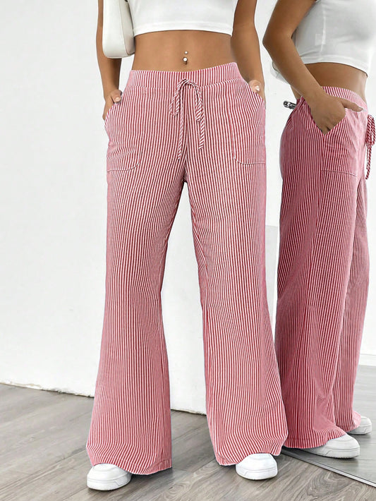 Chiquease Pantalones anchos de talle bajo a rayas azules y blancas para mujer, informales y apropiados para vestir en vacaciones y Año Nuevo