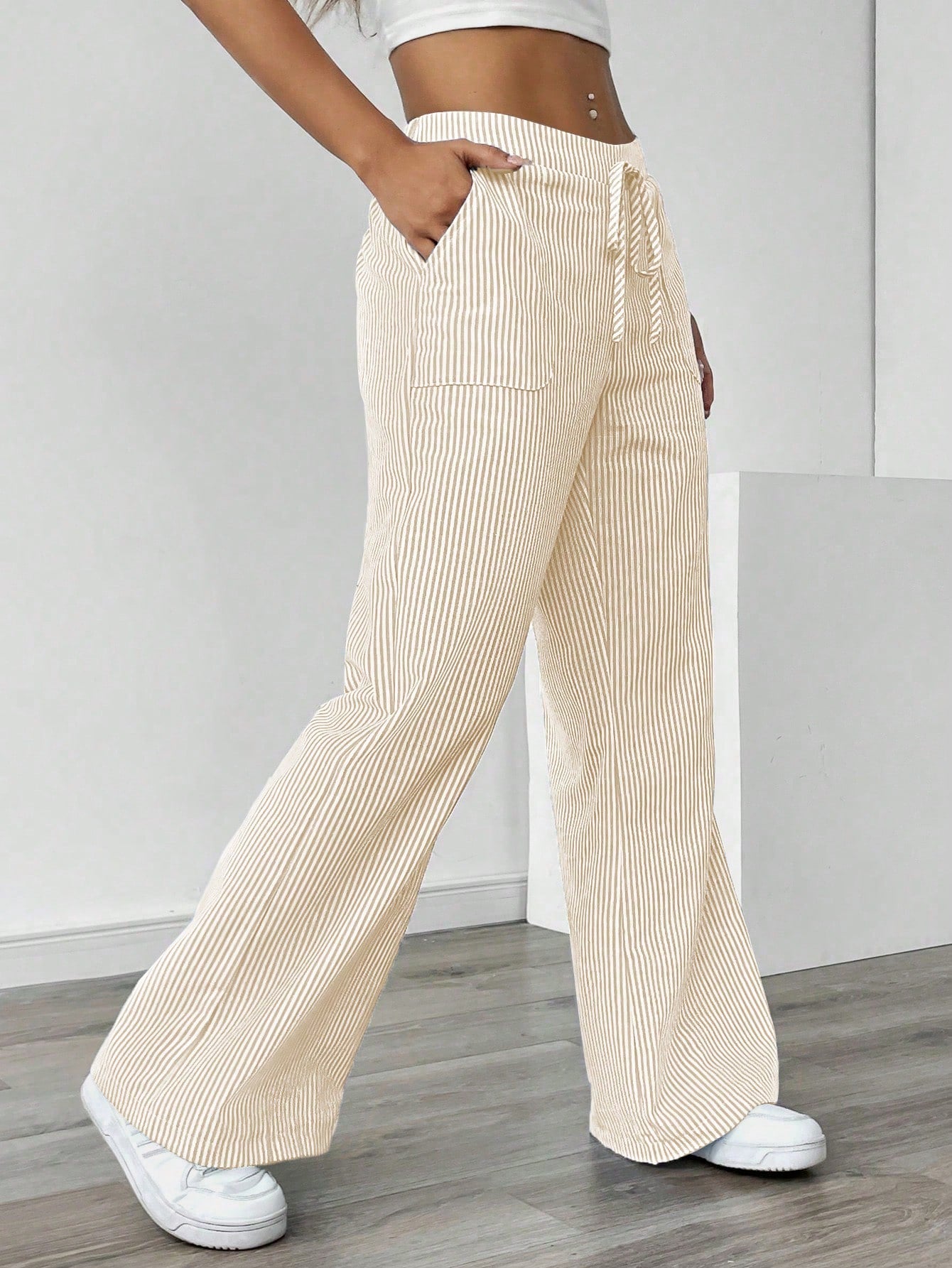 Chiquease Pantalones de pierna ancha y cintura baja con rayas azules, ropa casual para vacaciones y uso diario para mujeres