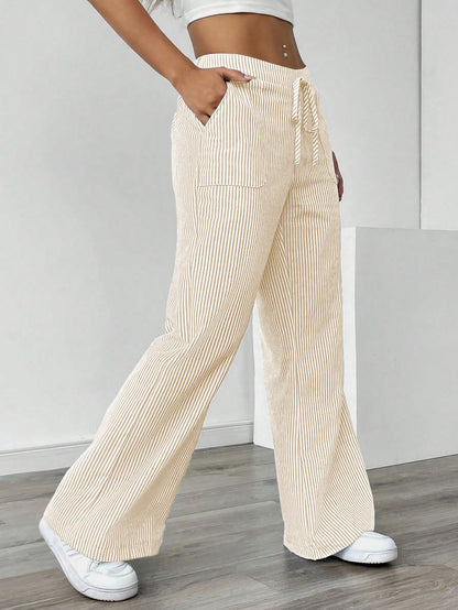 Chiquease Pantalones de pierna ancha y cintura baja con rayas azules, ropa casual para vacaciones y uso diario para mujeres