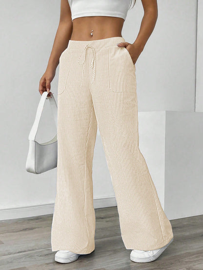 Chiquease Pantalones de pierna ancha y cintura baja con rayas azules, ropa casual para vacaciones y uso diario para mujeres