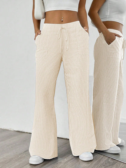 Chiquease Pantalones de pierna ancha y cintura baja con rayas azules, ropa casual para vacaciones y uso diario para mujeres