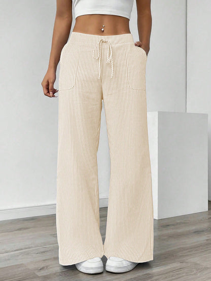 Chiquease Pantalones de pierna ancha y cintura baja con rayas azules, ropa casual para vacaciones y uso diario para mujeres