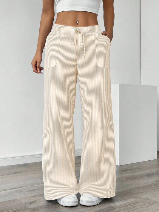 Chiquease Pantalones de pierna ancha y cintura baja con rayas azules, ropa casual para vacaciones y uso diario para mujeres