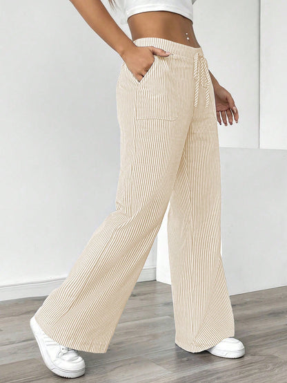 Chiquease Pantalones de pierna ancha y cintura baja con rayas azules, ropa casual para vacaciones y uso diario para mujeres