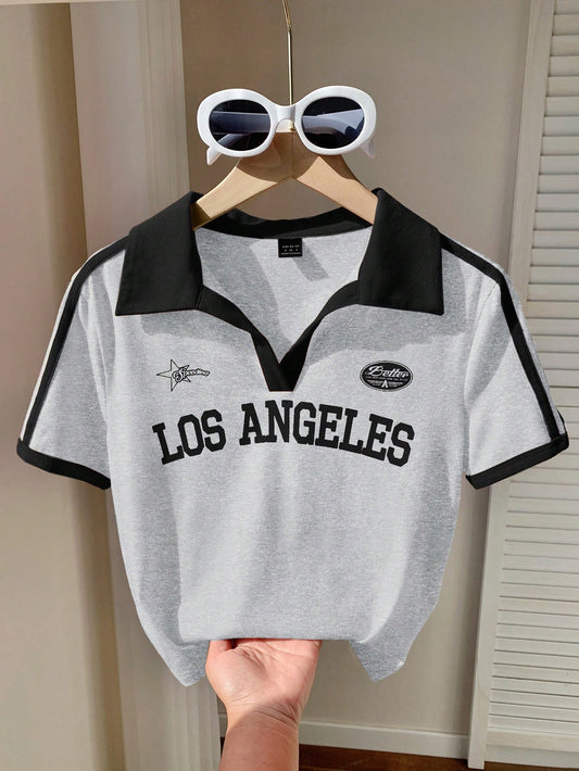 Comfortcana Camiseta ajustada con cuello polo de estampado de color contrastante retro para mujer