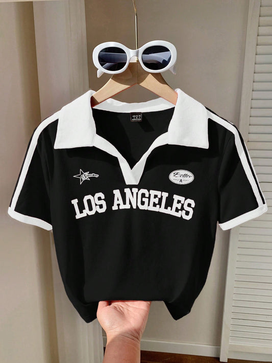 Comfortcana Camiseta ajustada con polo y estampado de bloques de color en estilo retro americano para mujer