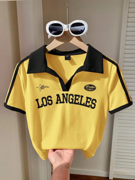 Comfortcana Camiseta de ajuste ceñido con cuello polo, estampado de contraste de color, estilo vintage americano para mujer