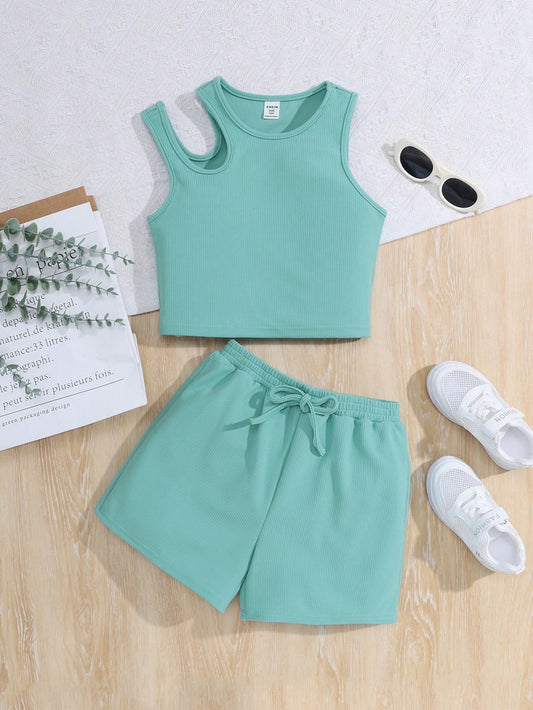 Conjunto casual de 2 piezas para niña preadolescente que incluye top corto de punto de un solo hombro con recorte y pantalones cortos anchos sueltos de pierna ancha en unicolor