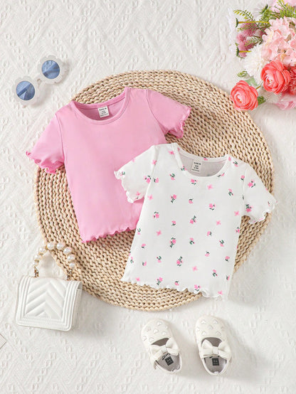 Conjunto casual de verano de 2 piezas para niña bebé: Parte superior con patrón floral y bordes de volantes de unicolor