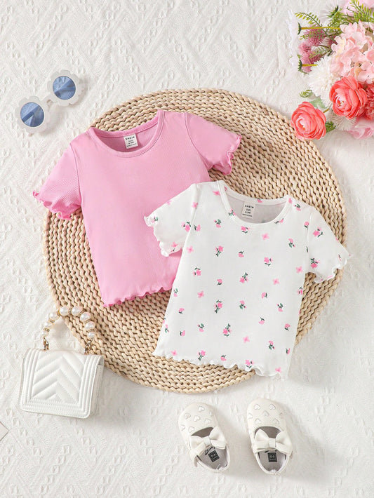 Conjunto casual de verano de 2 piezas para niña bebé: Parte superior con patrón floral y bordes de volantes de unicolor