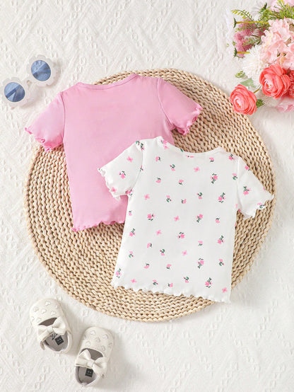 Conjunto casual de verano de 2 piezas para niña bebé: Parte superior con patrón floral y bordes de volantes de unicolor