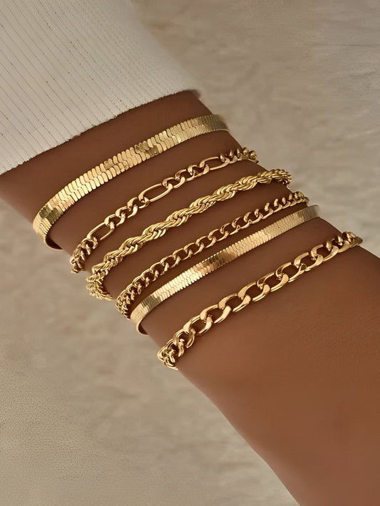 Conjunto de 6 brazaletes de cadena de serpiente metálica y cadena retorcida de moda sencillos para mujer