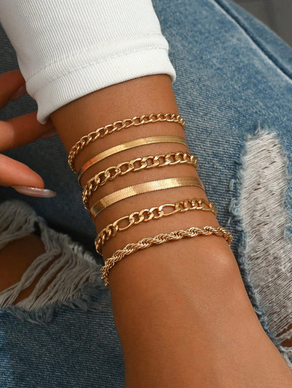 Conjunto de 6 brazaletes de cadena de serpiente metálica y cadena retorcida de moda sencillos para mujer
