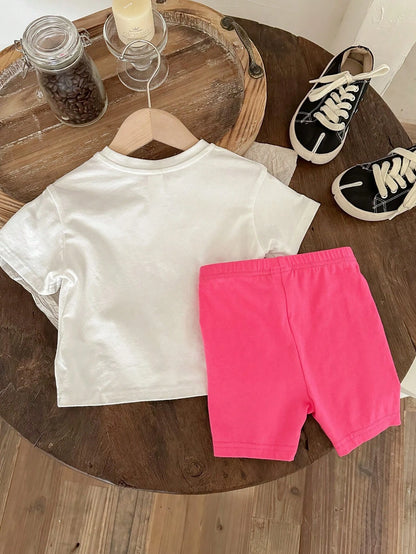 Conjunto de blusa de manga corta con cuello redondo y pantalón corto con estampado de letras, estilo sencillo y de preparatoria, apropiado para el verano, para niña bebé de Nueva York