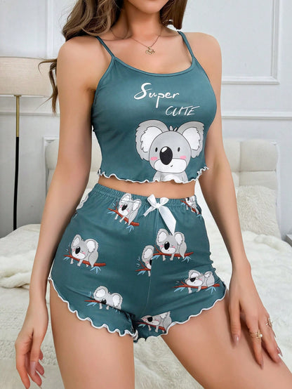 Conjunto de pijama de camiseta de tirantes y shorts con estampado de koalas para mujer