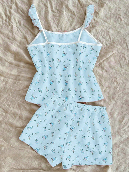 Conjunto de top sin mangas con estampado floral completo y pantalones cortos con tirantes de encaje y lazo decorado