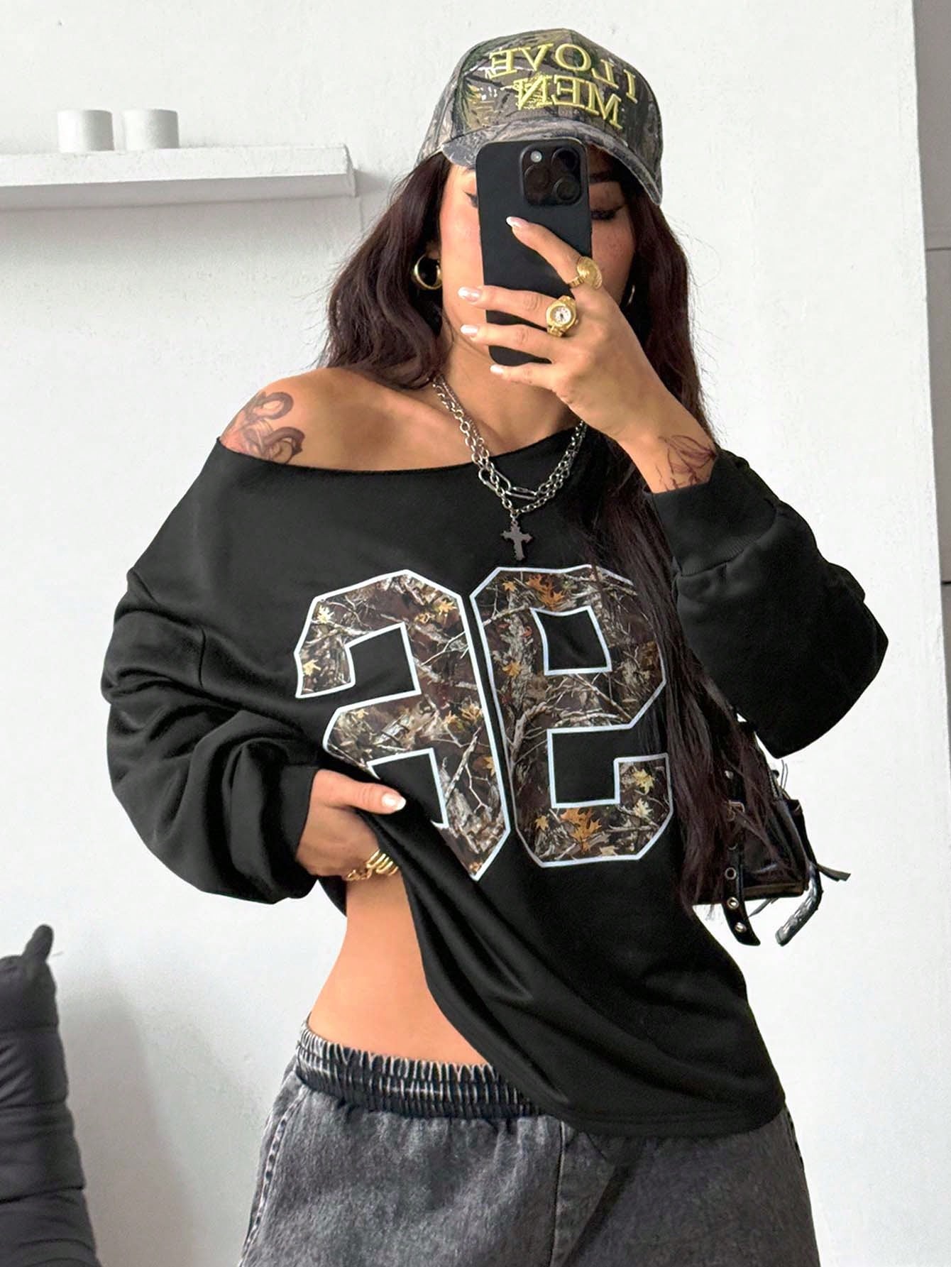 Coolane Camiseta asimétrica de mujer con estampado de ramas de árbol para conciertos, raves, streetwear, vuelta al colegio y clubes en otoño/invierno