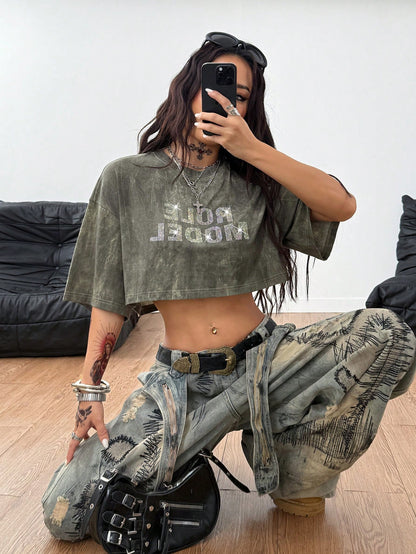 Coolane Camiseta corta y oversize con gráficos de strass, teñido anudado y estilo básico de calle para mujer, para primavera/verano