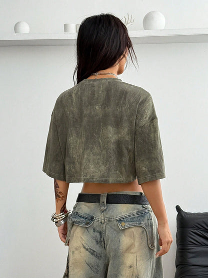 Coolane Camiseta corta y oversize con gráficos de strass, teñido anudado y estilo básico de calle para mujer, para primavera/verano