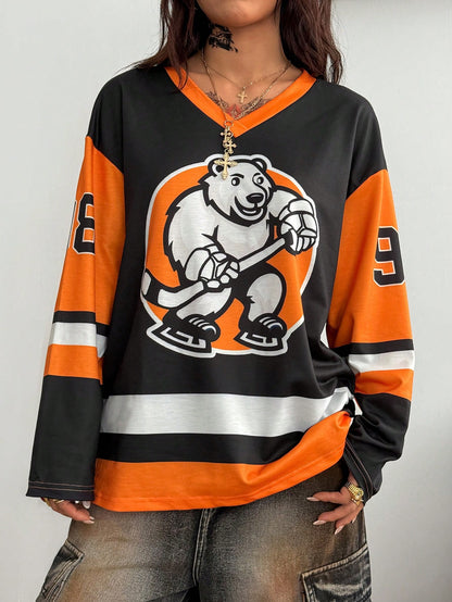 Coolane Camiseta de jersey con cuello en V negro y amarillo, de manga larga, con gráficos numéricos, de talla grande, para mujer, estilo deportivo casual y de salida, ropa de calle de otoño