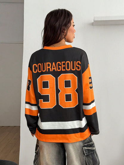 Coolane Camiseta de jersey con cuello en V negro y amarillo, de manga larga, con gráficos numéricos, de talla grande, para mujer, estilo deportivo casual y de salida, ropa de calle de otoño